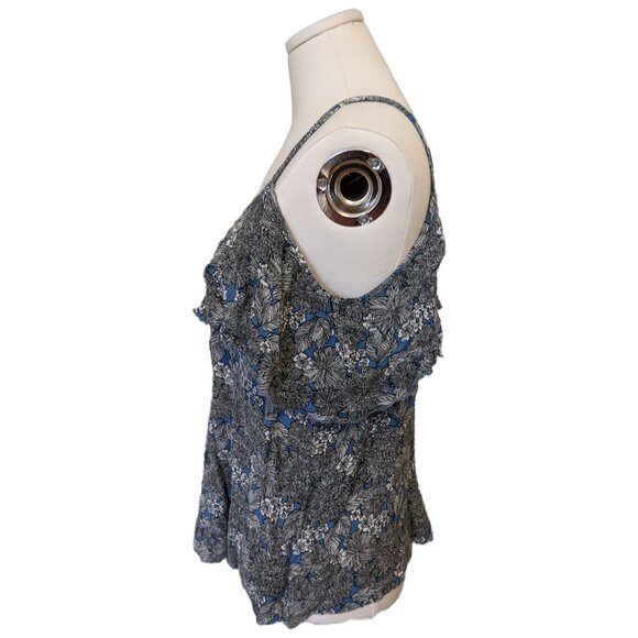 Womens Cold Shoulder Floral Blouse Blue Black Top Cottage Whimsical Vacay Sz XL - Picture 4 of 7